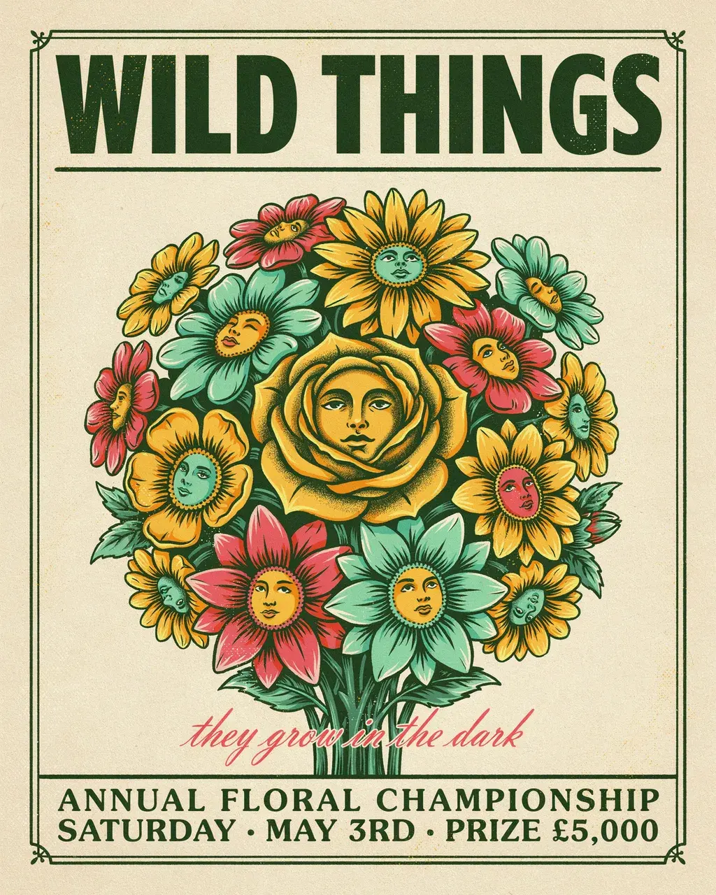 WILD THINGS vintage floral championship poster, face-flower bouquet illustration, aged cream background, forest green and coral pink.