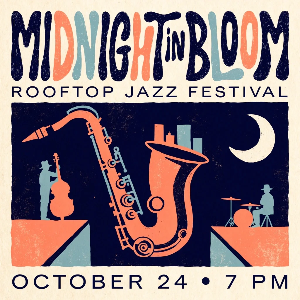 Illustrated rooftop jazz poster with event lettering, a saxophone, and musicians in the supplied generation test.