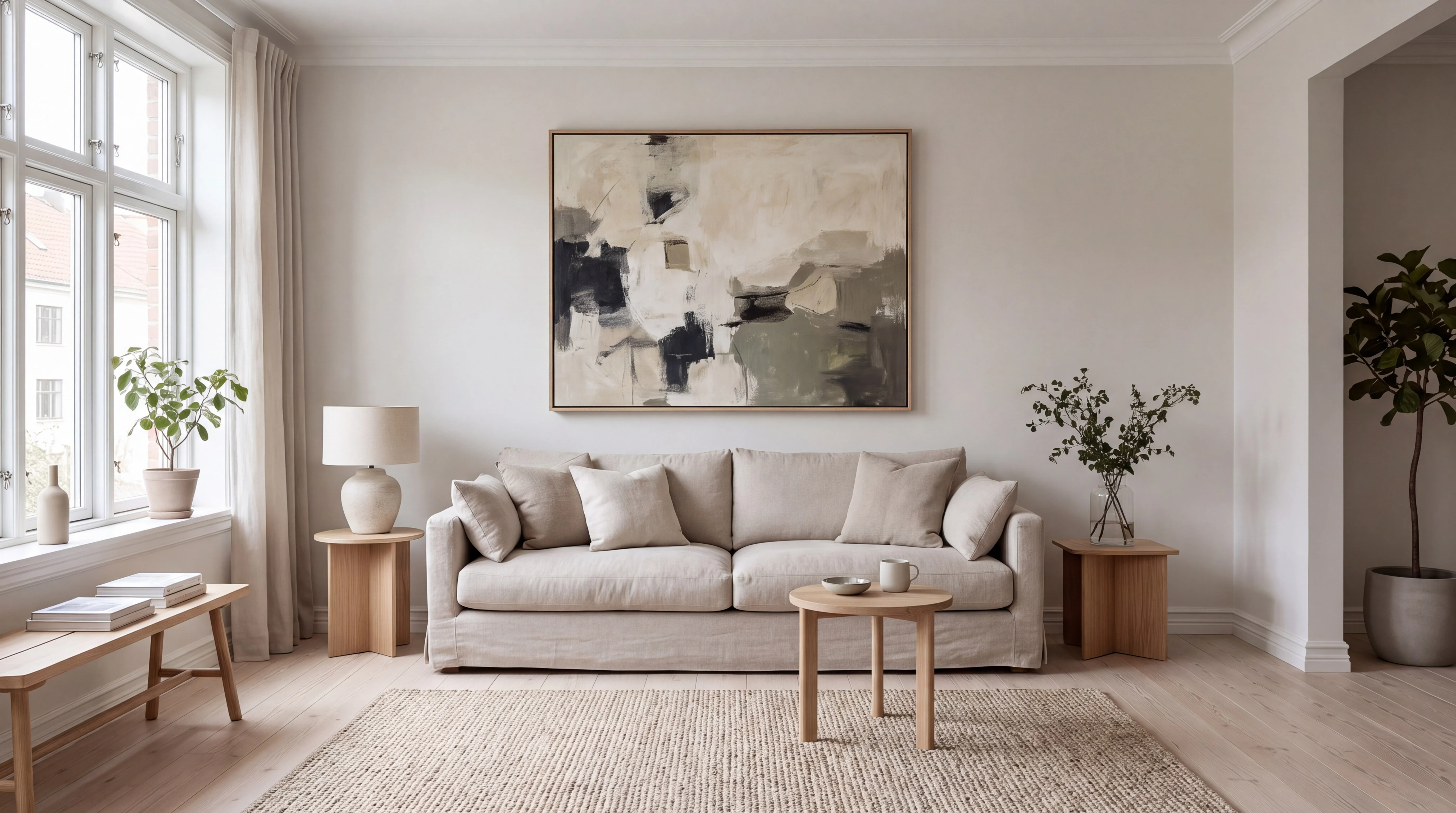 A living room with a large abstract painting above a linen sofa
