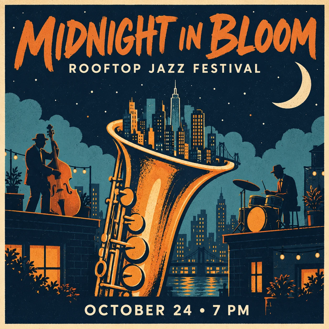 Illustrated rooftop jazz poster with event lettering, a saxophone, and musicians in the supplied generation test.