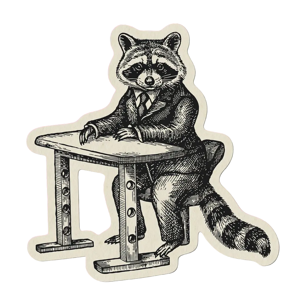 Vintage scientific illustration of a raccoon CEO at a tiny standing desk