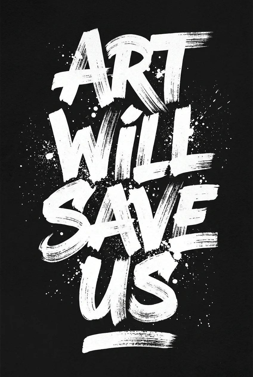 A hand-painted poster reading "Art will save us"