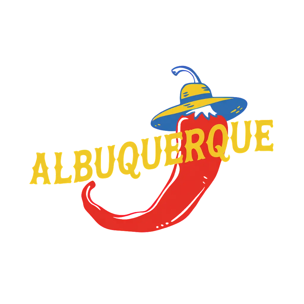 "ALBUQUERQUE" typography over a chile pepper silhouette wearing a tiny sun hat