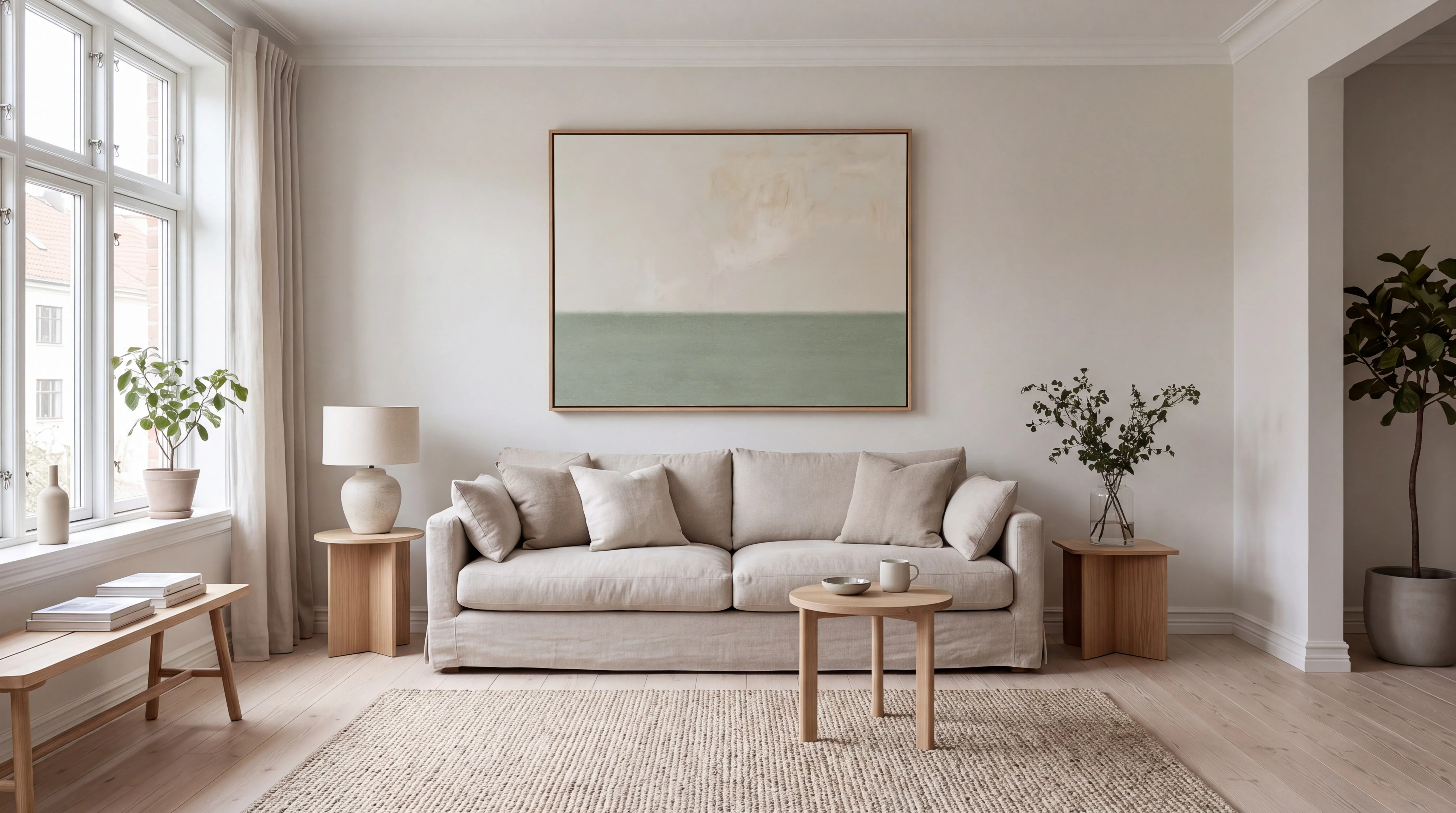 The same living room with a muted seascape painting in the same frame