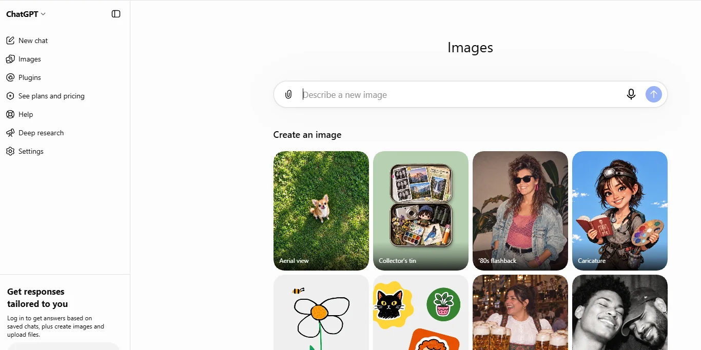 ChatGPT’s Images page with a “Describe a new image” prompt field and a grid of example styles such as Aerial view, Collector’s tin, and Caricature.