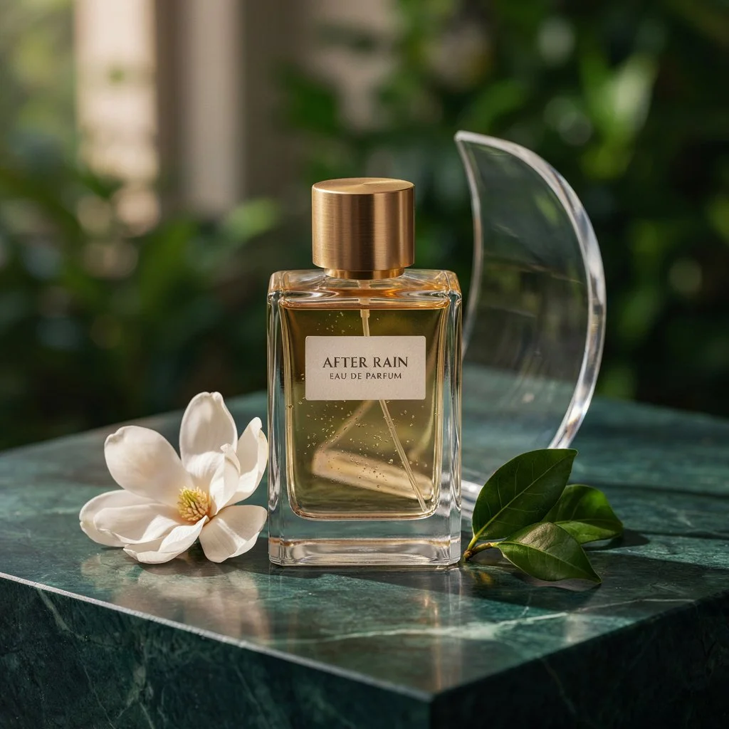 Perfume bottle, magnolia blossom, and leaves arranged on emerald marble in the supplied campaign test image.