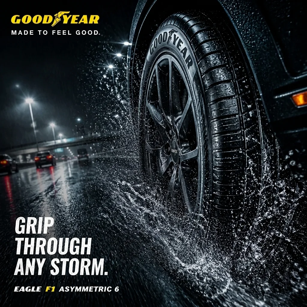 Goodyear tire campaign image showing a tire cutting through rain on a wet highway at night.