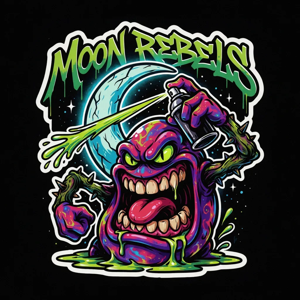 Cosmic monster sticker holding a spray paint can
