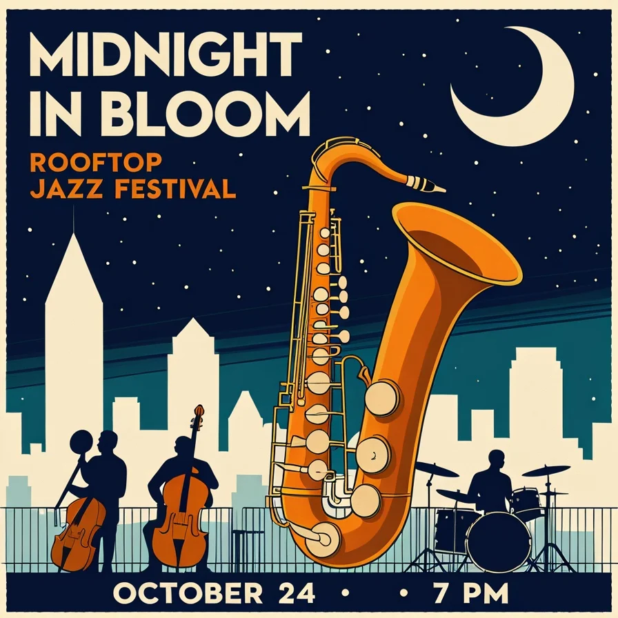 Illustrated rooftop jazz poster with event lettering, a saxophone, and musicians in the supplied generation test.