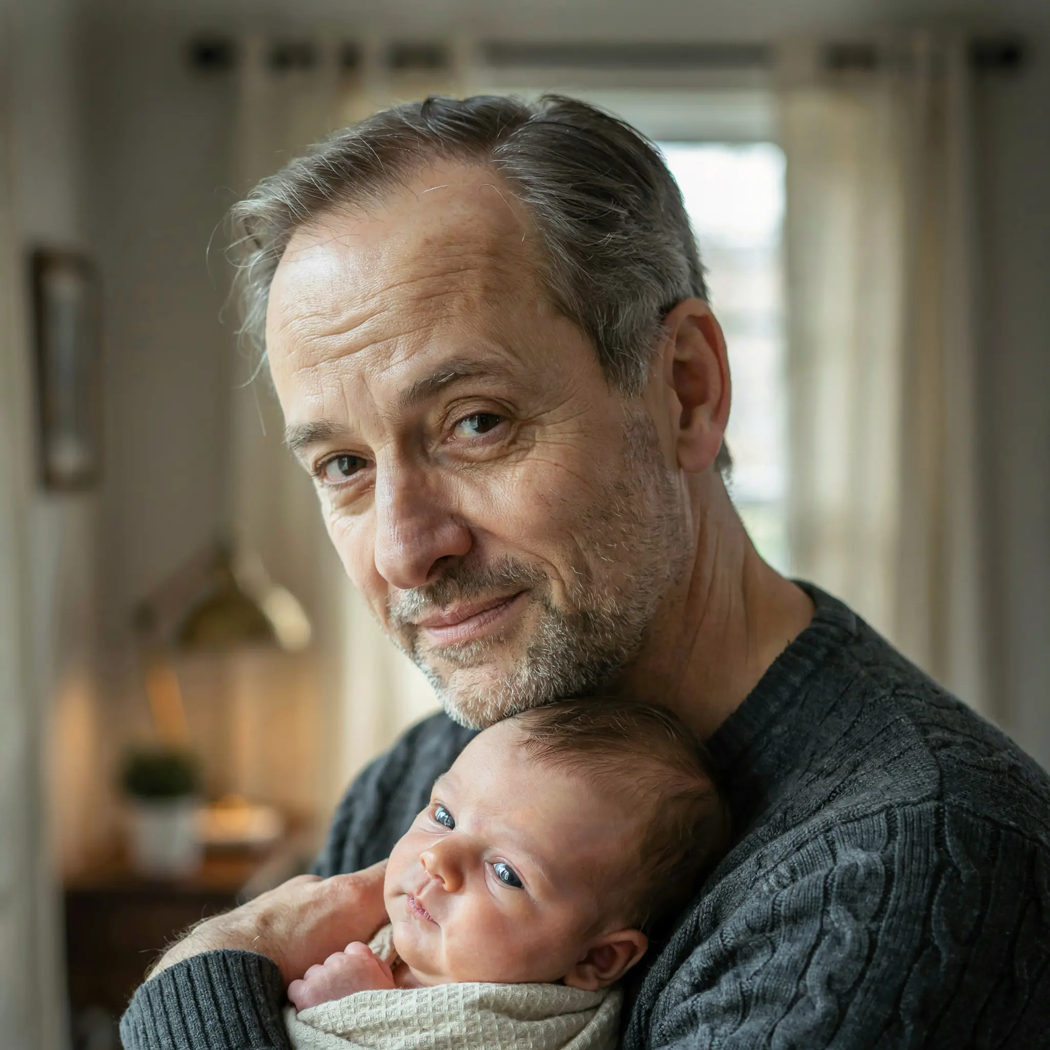 Grandfather cradling an infant in soft afternoon light.