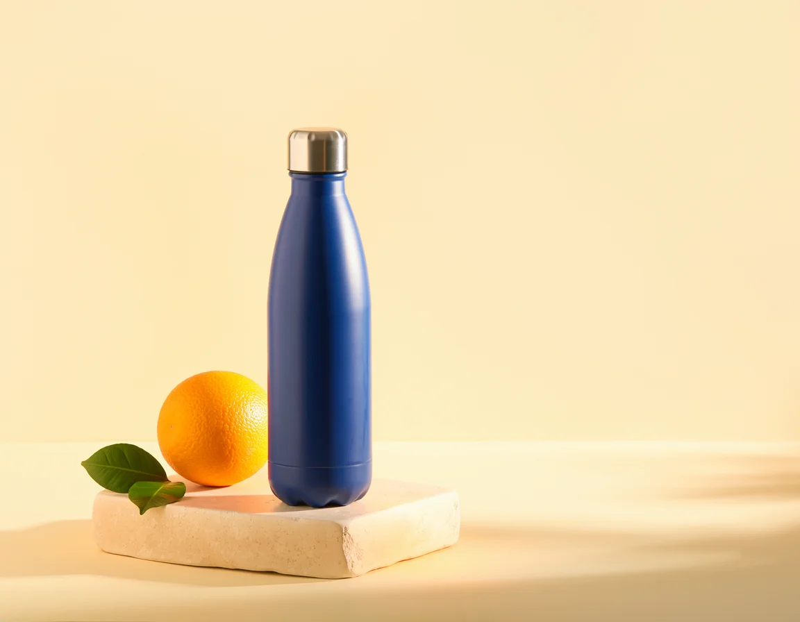 Firefly product-image test showing a blue water bottle, orange, and leaves together on a beige stone pedestal.