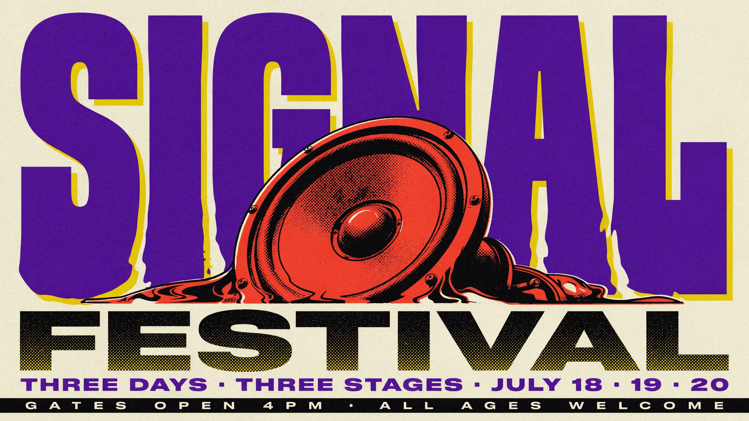 SIGNAL FESTIVAL psychedelic silkscreen concert poster, melting speaker cone, four spot colors.