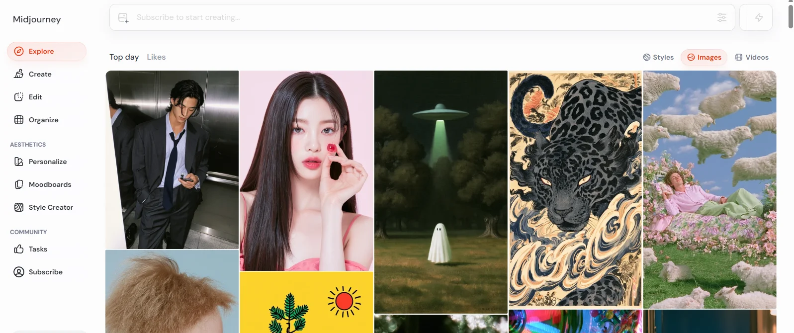 Midjourney Explore community gallery shown in the supplied article; no outputs from our two test prompts were generated with this tool.