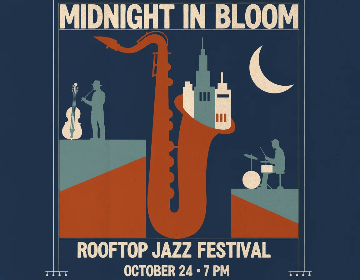 Illustrated rooftop jazz poster with event lettering, a saxophone, and musicians in the supplied generation test.