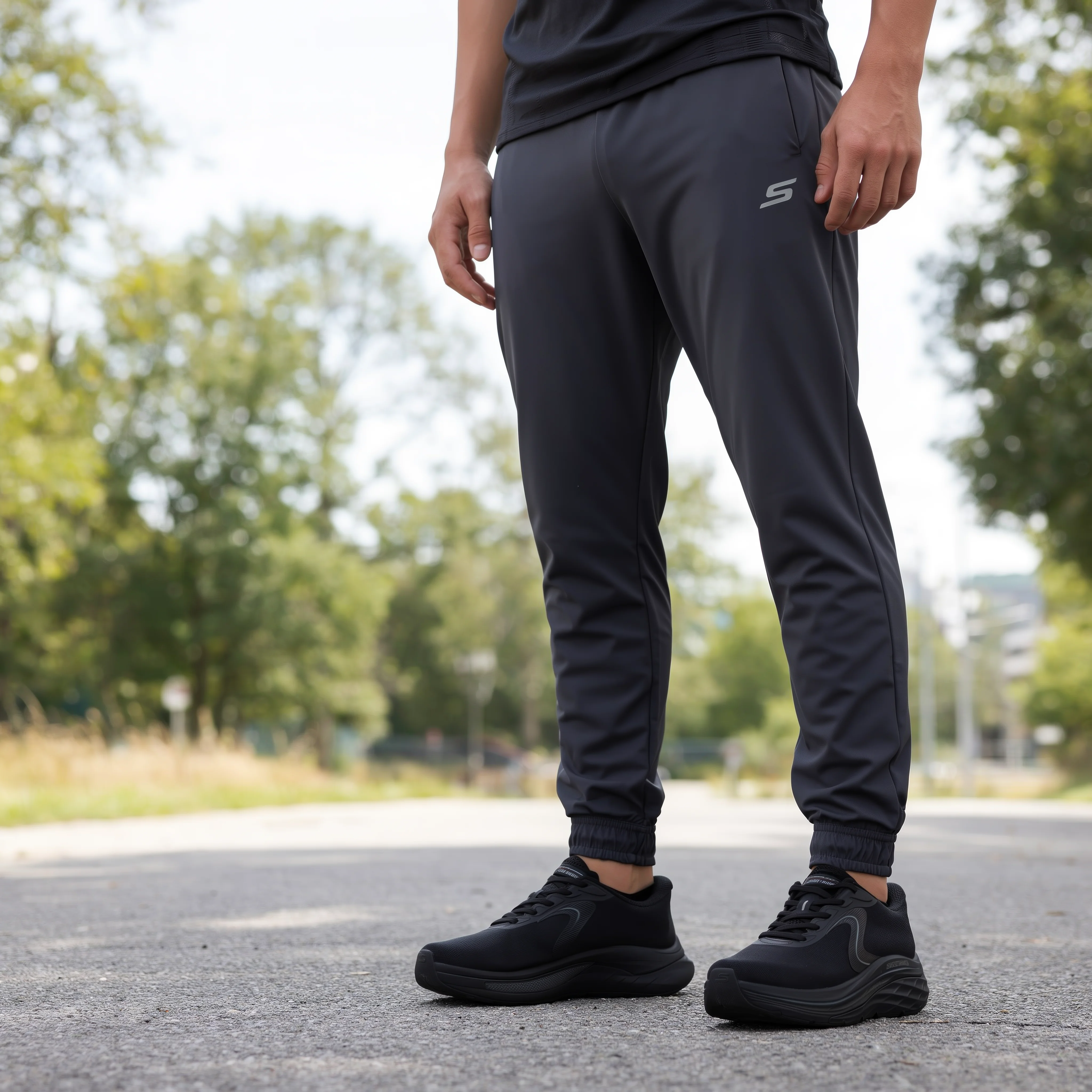 A man standing on asphalt in dark joggers and black trainers