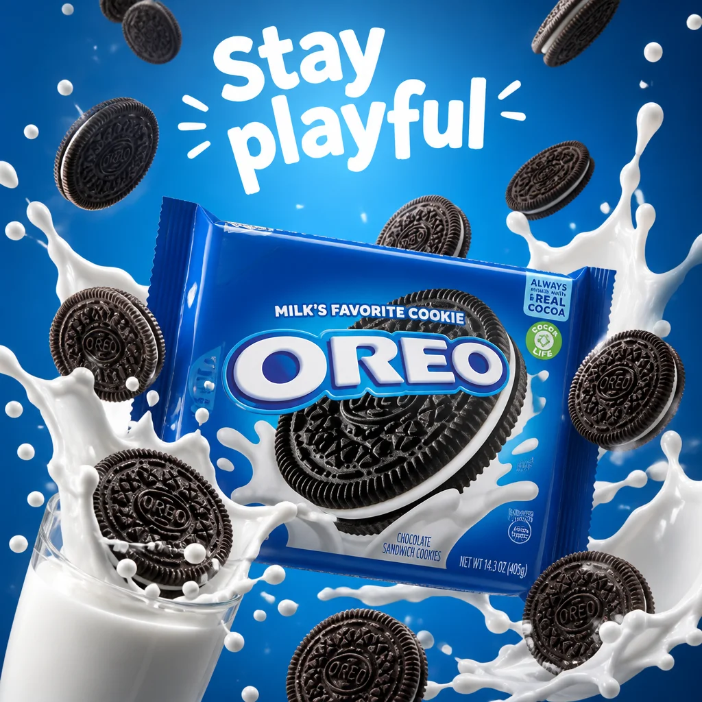 Oreo ad with cookies and milk splashes orbiting bright blue packaging.