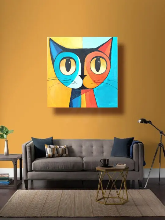 A modern living room with a mustard yellow wall, gray sofa, cat painting, side tables, and floor lamp.