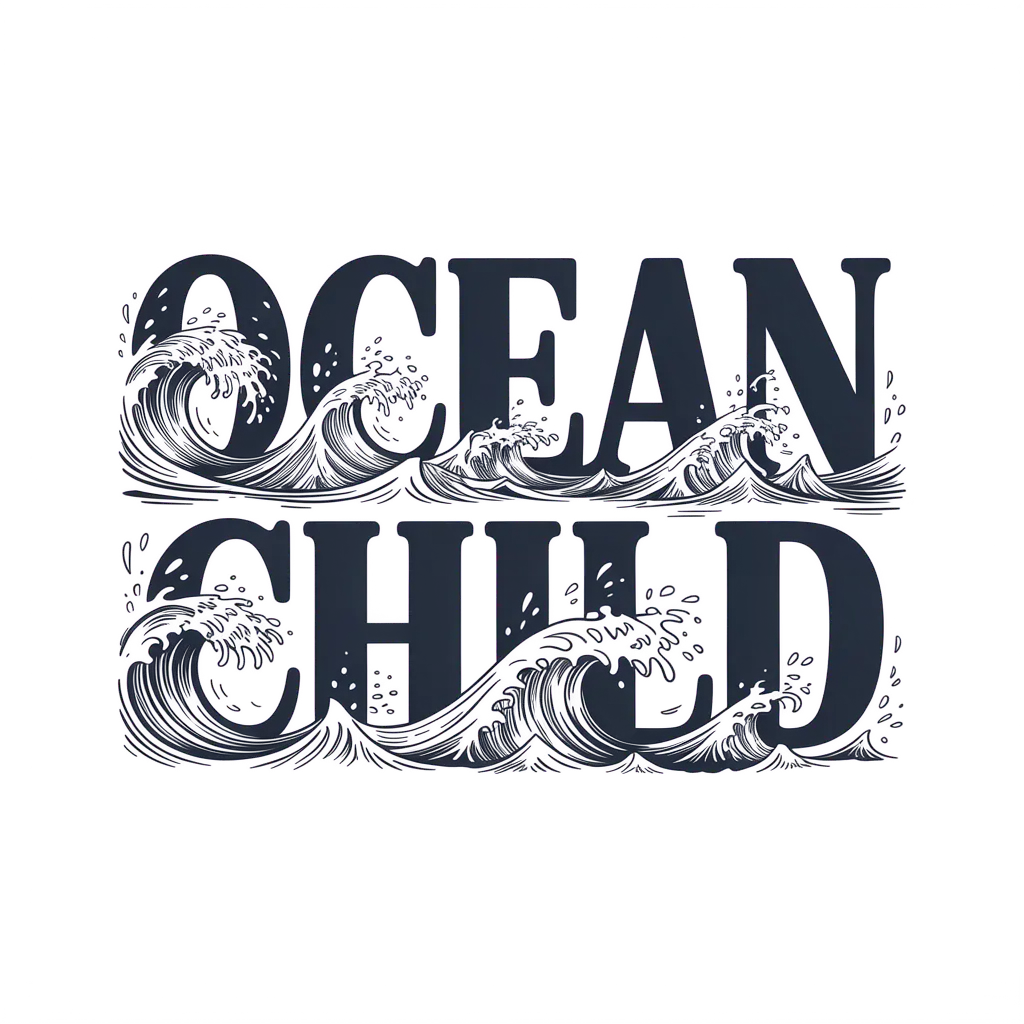 OCEAN CHILD vintage typography with waves, background removed