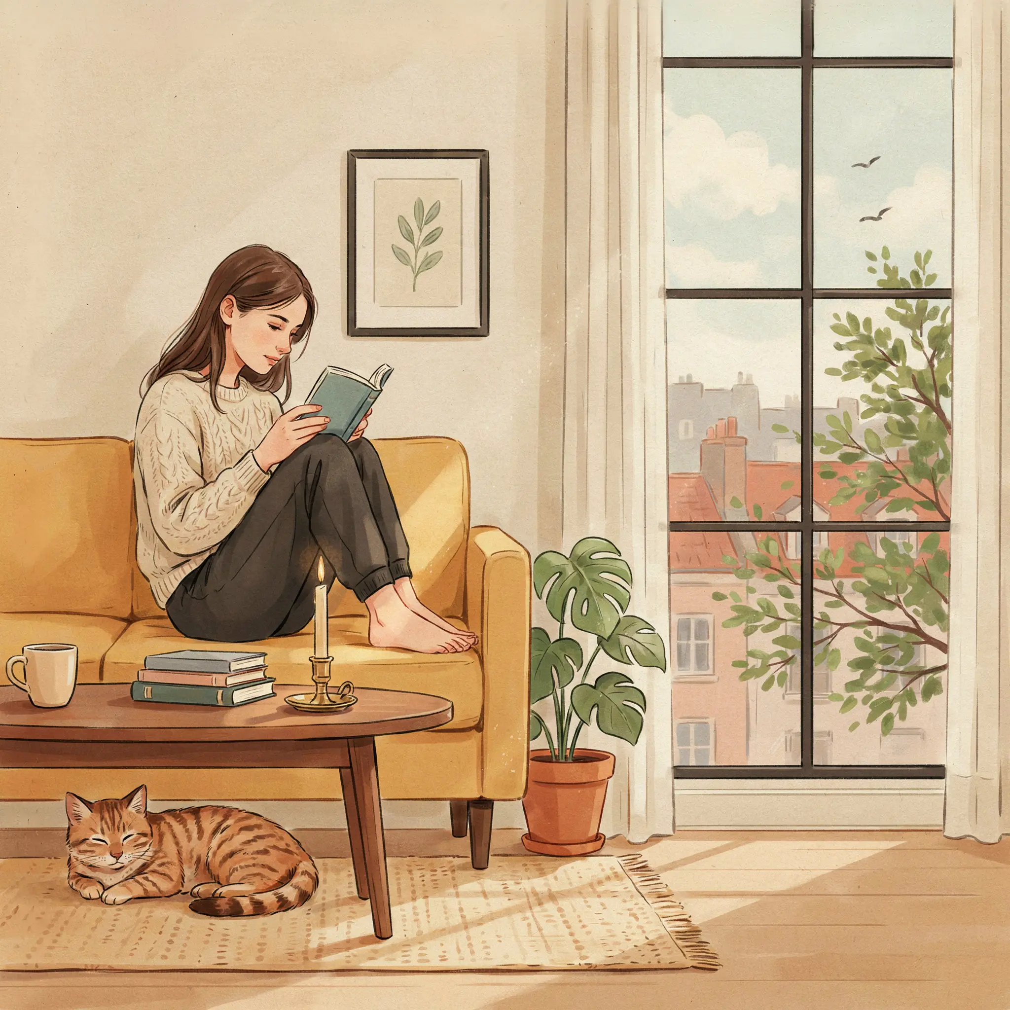Living room scene with a woman reading on a mustard sofa next to a window.