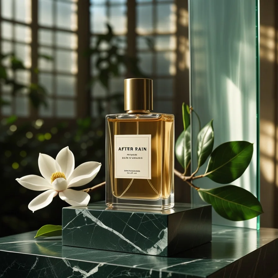 Perfume bottle, magnolia blossom, and leaves arranged on emerald marble in the supplied campaign test image.