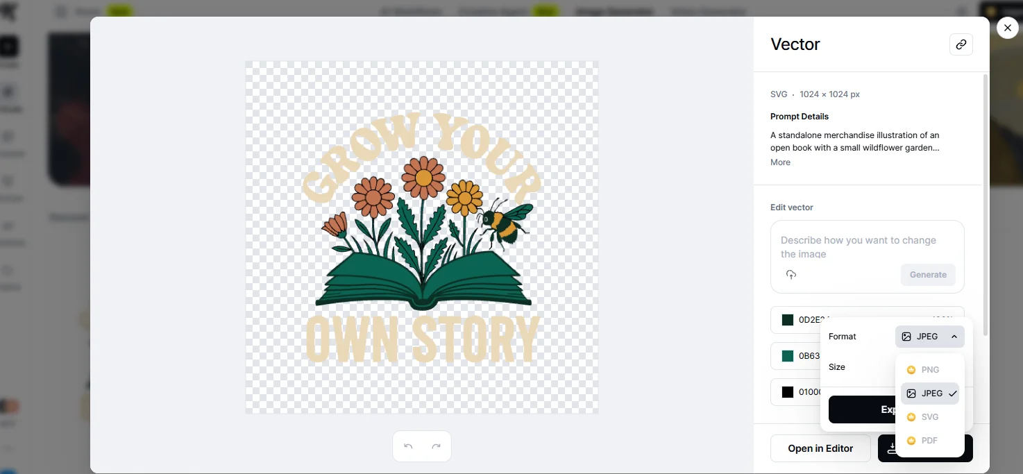 Kittl’s panel for the generated design, labeled Vector, SVG, 1024 × 1024 px. The Format menu has JPEG selected, and PNG, SVG, and PDF each show an upgrade indicator.