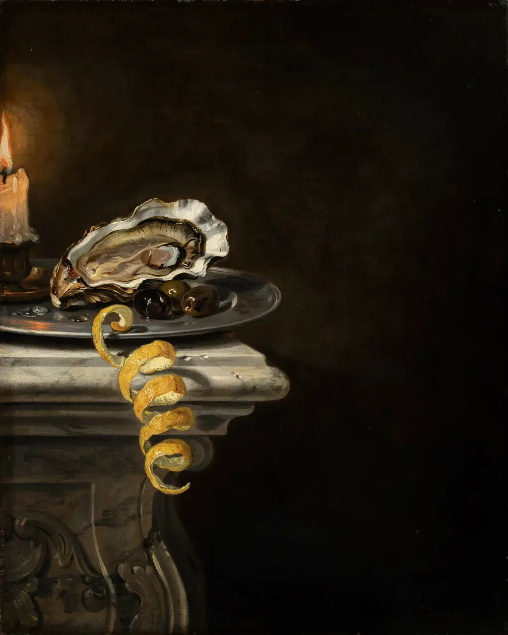17th-century Flemish vanitas still life: oyster, lemon with curling peel, dark olives on pewter, single candle chiaroscuro, rich oil glazes.