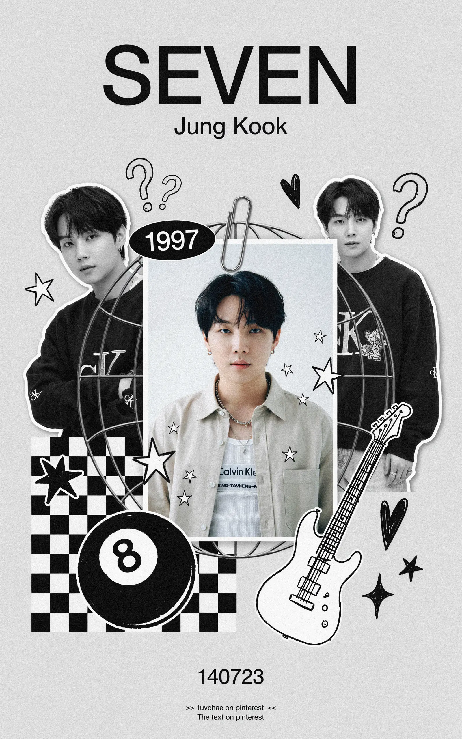 A recreated black and white collage-style SEVEN poster featuring Jung Kook with a central color portrait, checkered pattern, 8-ball, guitar, stars, and question marks.