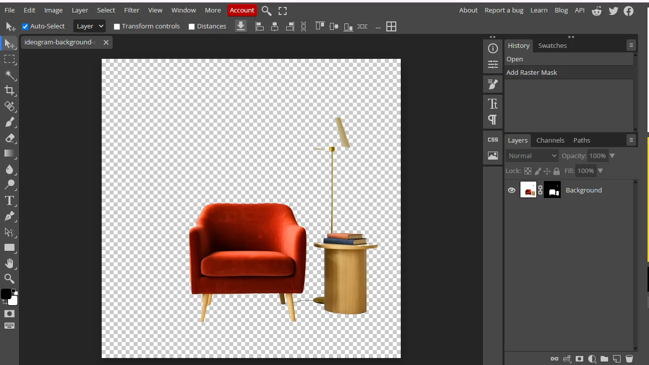 Photopea after automatic background removal on the white-background furniture image, with most of the lampshade missing and part of the tabletop cut away.