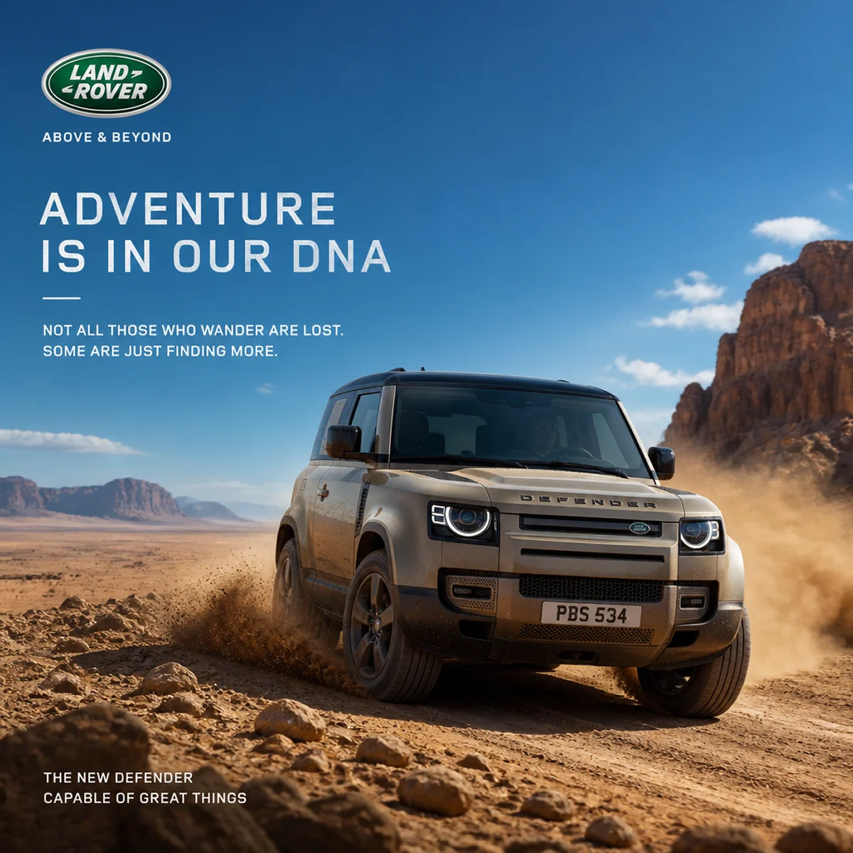 Land Rover campaign image showing a Defender driving through a desert landscape.
