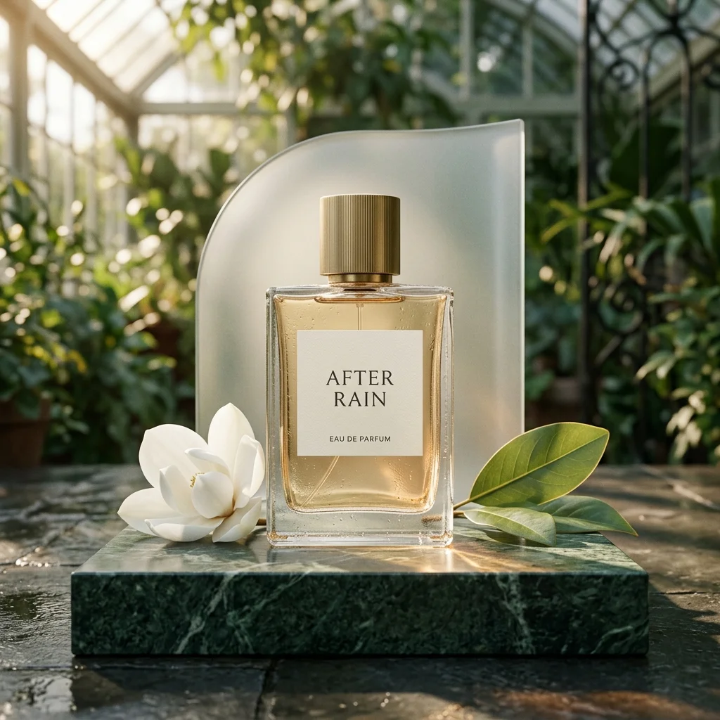 Perfume bottle, magnolia blossom, and leaves arranged on emerald marble in the supplied campaign test image.
