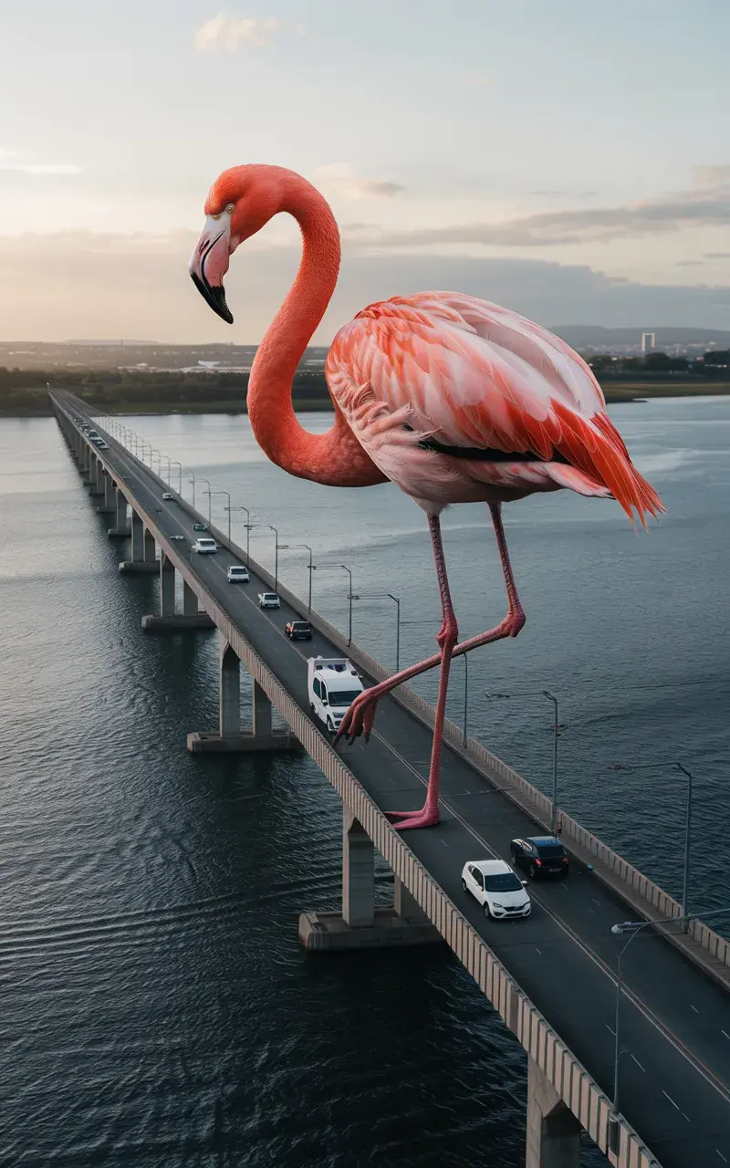 Giant pink flamingo on a bridge