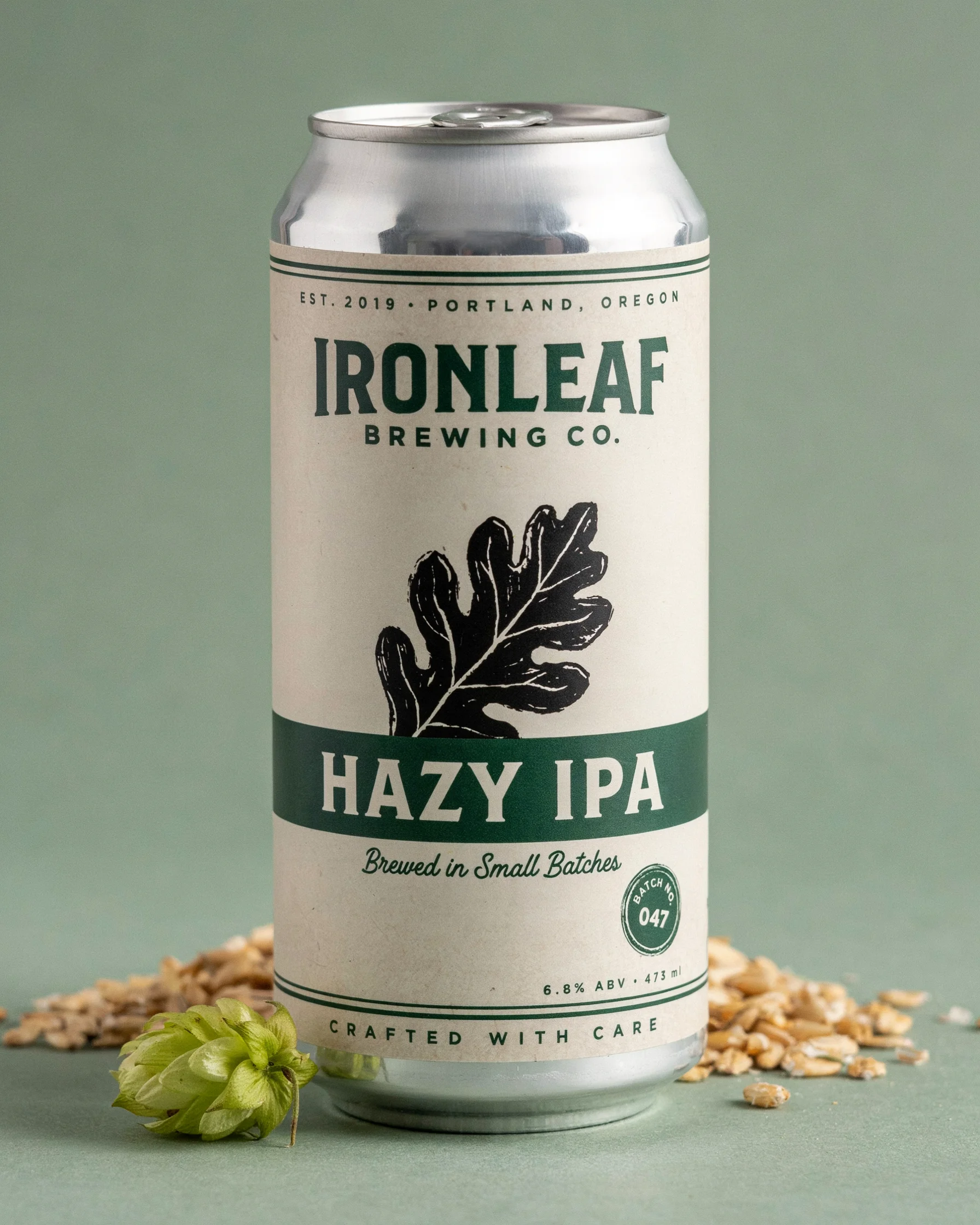 A craft beer can label for Ironleaf Brewing Hazy IPA
