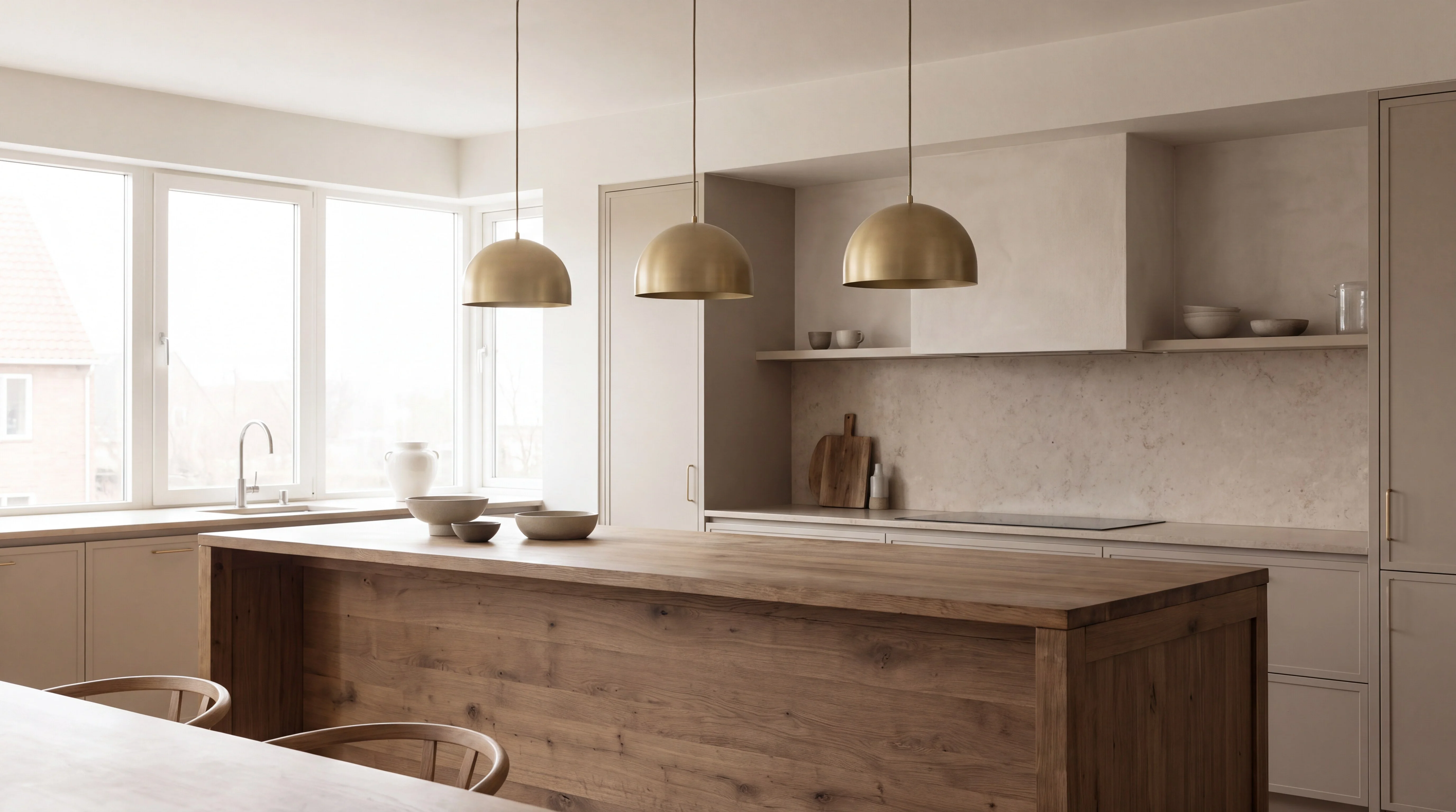 A modern kitchen with three brass pendant lights over an oak island