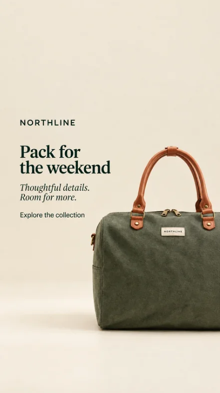 The Story / Reel version of the ad, with more cream space above and below the same wording and the bag cropped at the right edge.