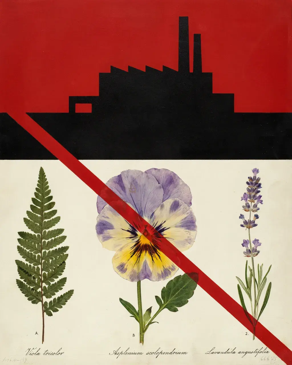 Soviet constructivist factory poster in deep red, black, and cream, with delicate botanical watercolor herbarium specimens, pansy, fern, lavender, mounted into the geometric composition.