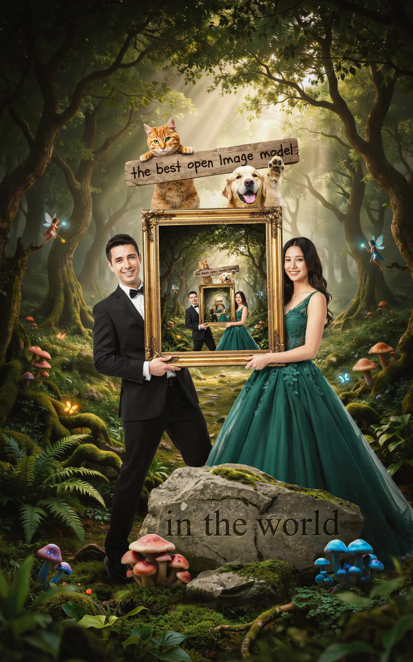 A fantasy forest illustration with a tuxedoed man and woman in a green gown holding a recursive ornate frame, a cat and dog holding a wooden sign, mushrooms, and a rock engraved in the world.