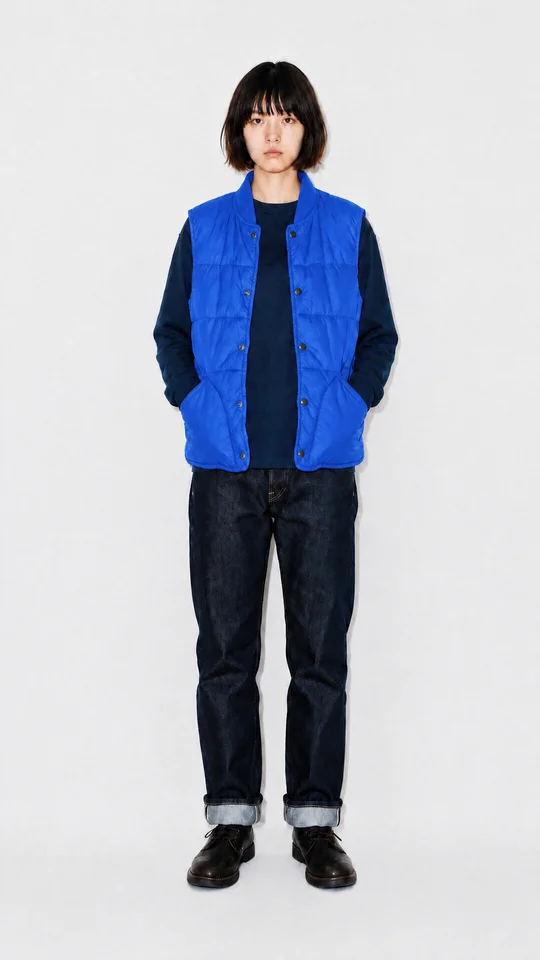 The same photo with only the quilted vest recolored to cobalt blue