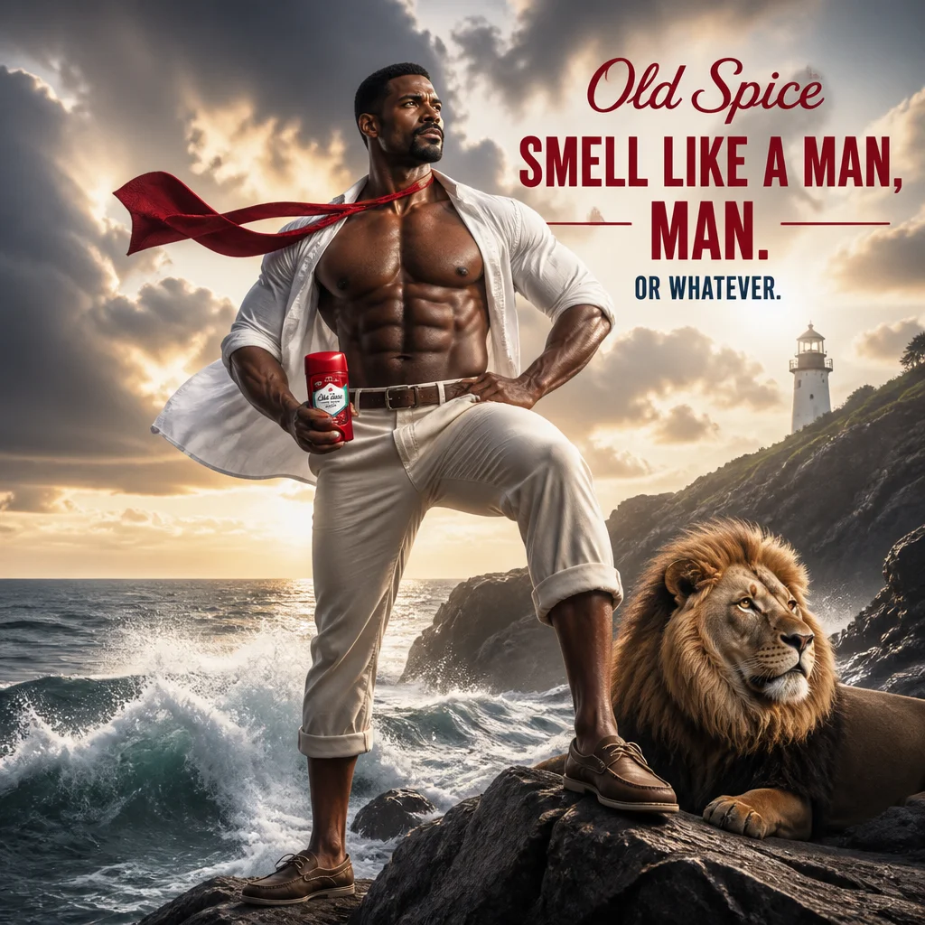 Old Spice ad with a humorous heroic character posed on coastal rocks.