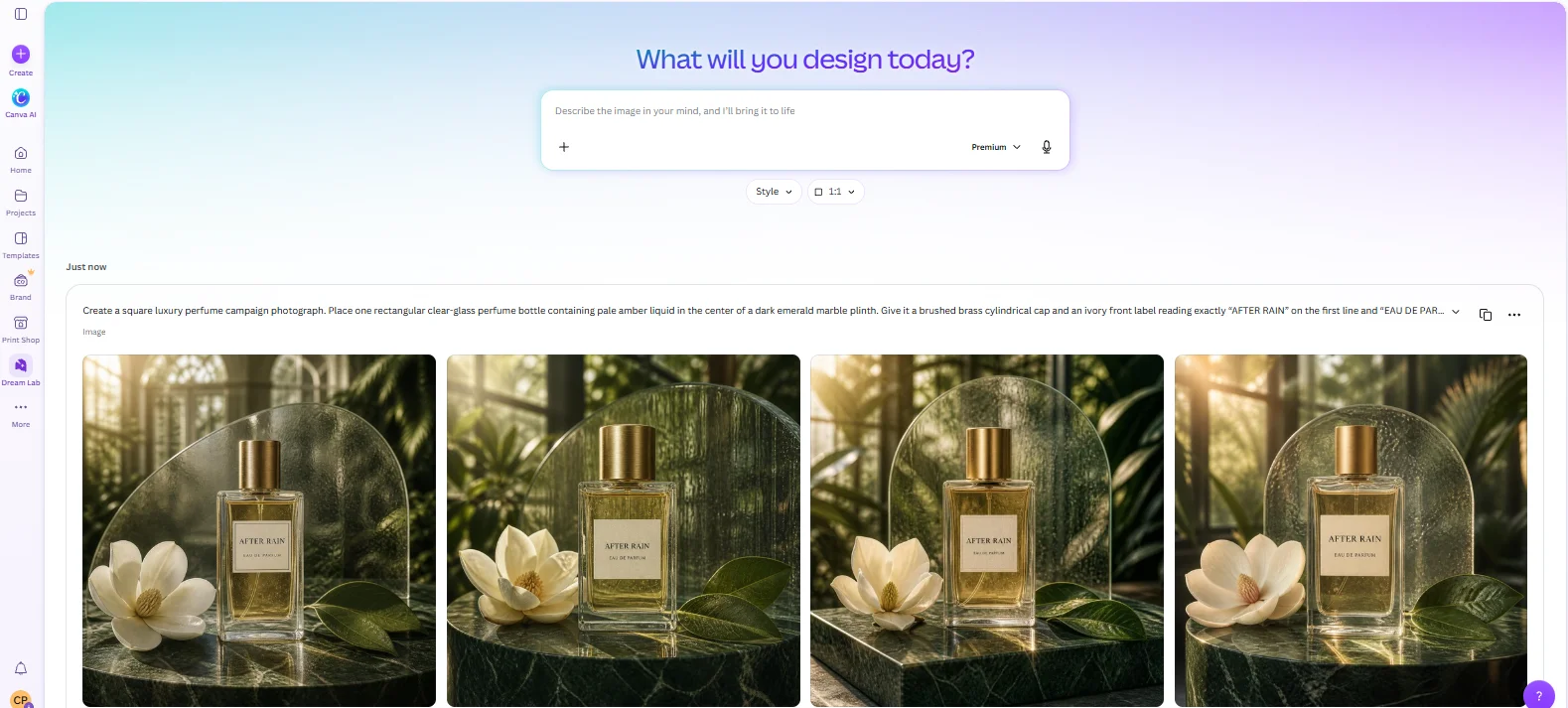 Canva Dream Lab interface and recorded test settings from the supplied article.