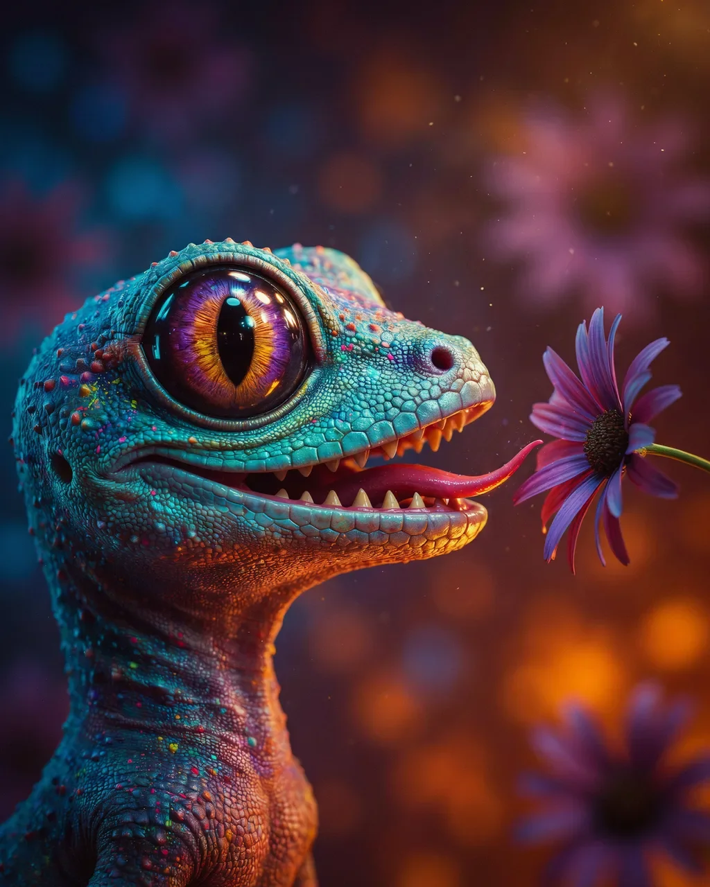 Detailed close-up of a colorful lizard