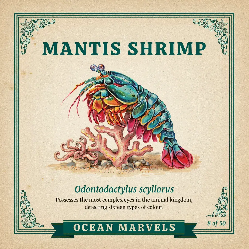 Vintage naturalist collector card for the mantis shrimp, showing MANTIS SHRIMP in bold display type, Odontodactylus scyllarus in italic, a description sentence, card number 8 of 50, and OCEAN MARVELS in the footer banner