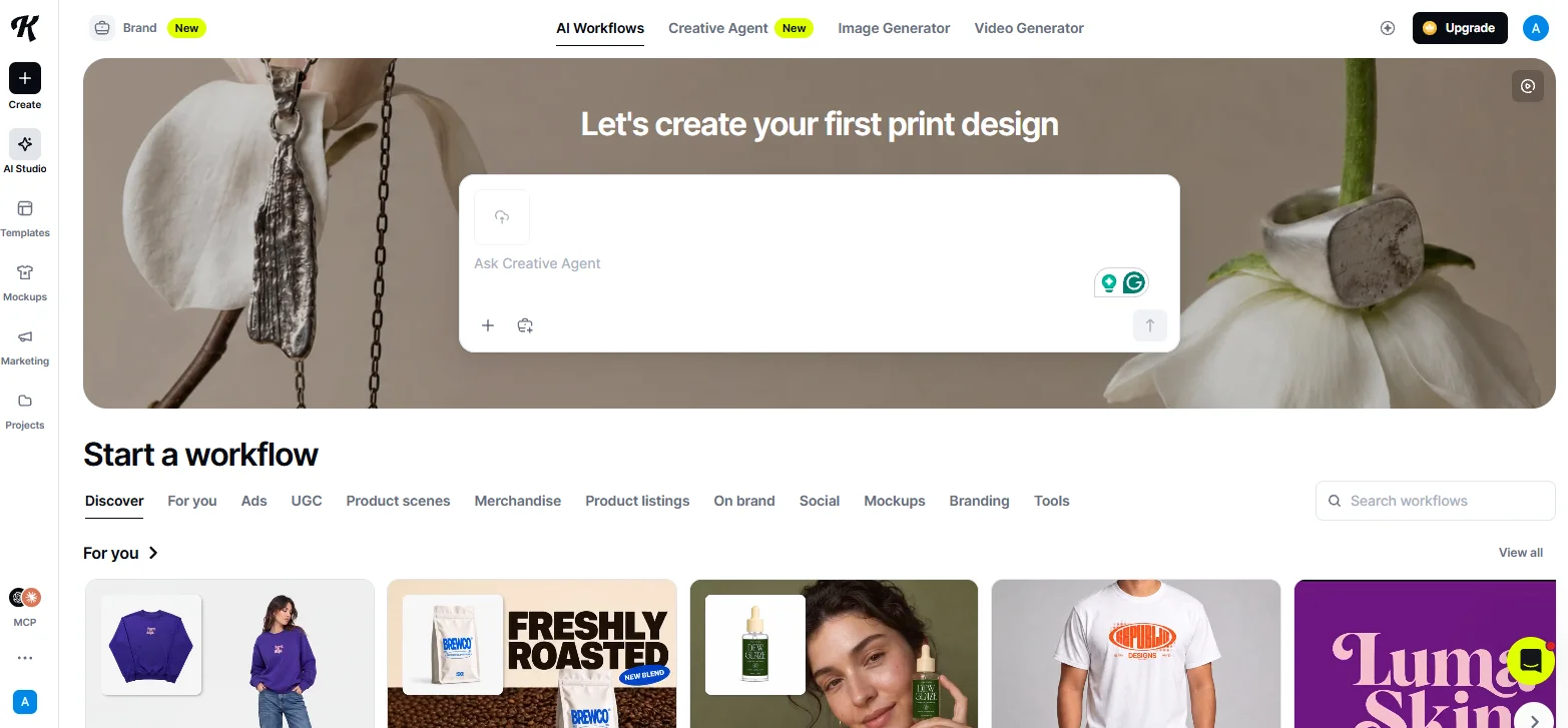 Kittl’s home screen with the heading “Let’s create your first print design,” a Creative Agent prompt box, and a row of workflow examples that includes a printed sweatshirt and a T-shirt.