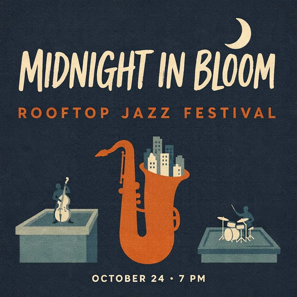 Illustrated rooftop jazz poster with event lettering, a saxophone, and musicians in the supplied generation test.