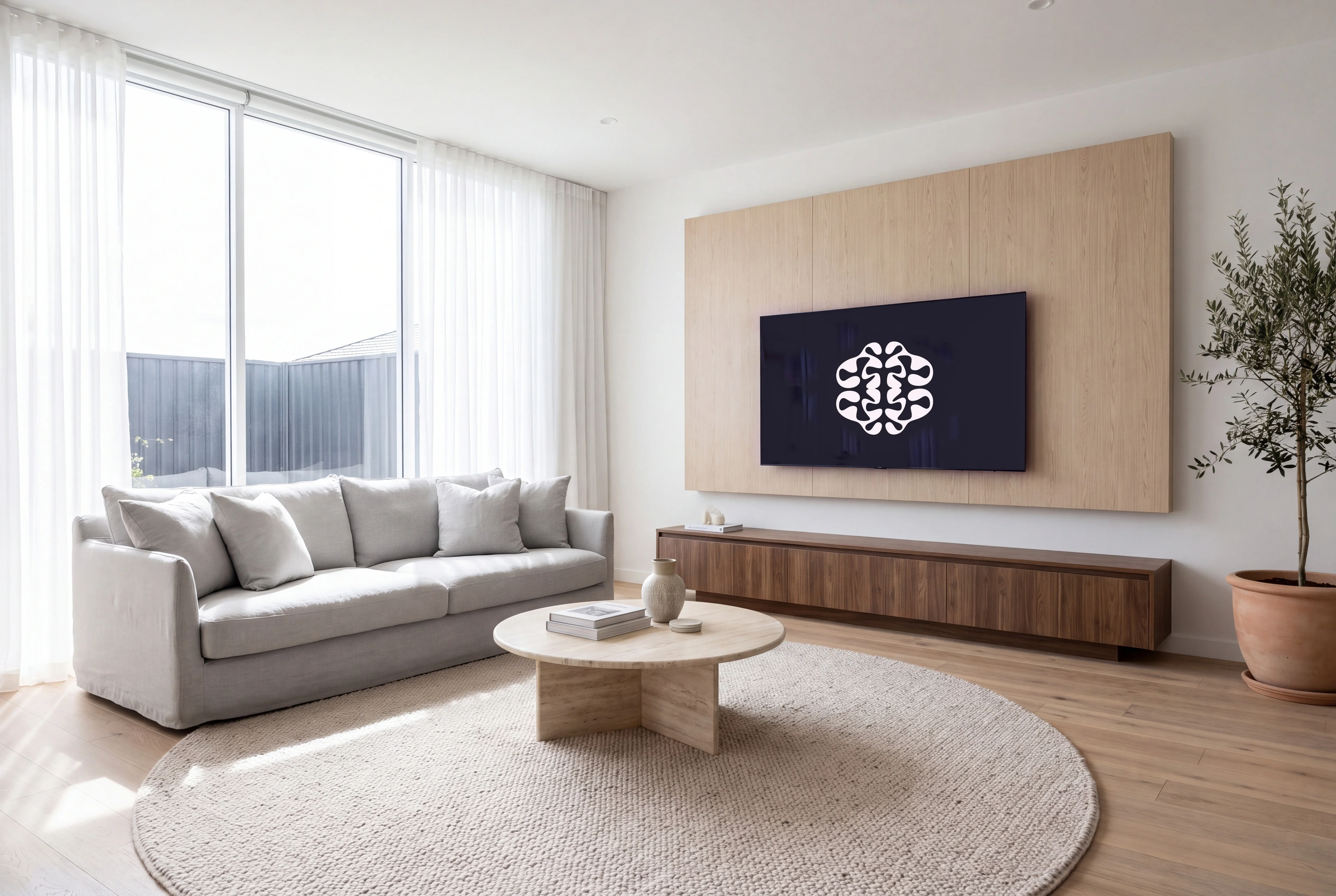 The same living room with the Ideogram logo on the TV screen