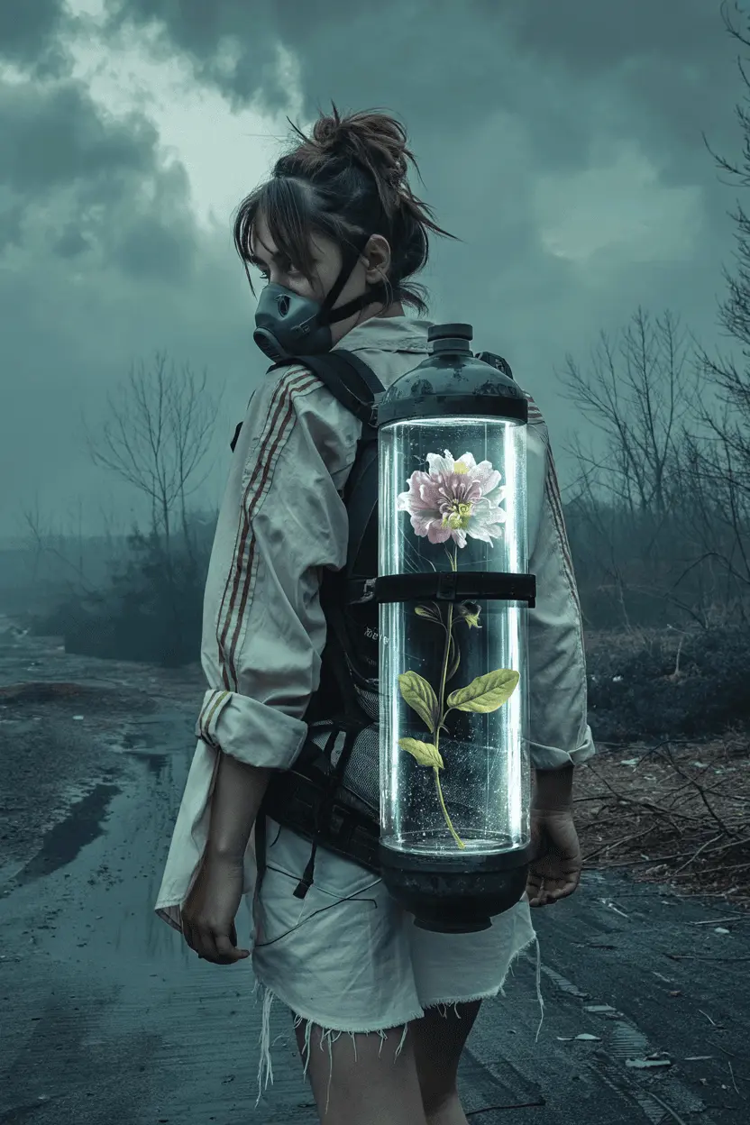 Post-apocalyptic woman with oxygen tank flower