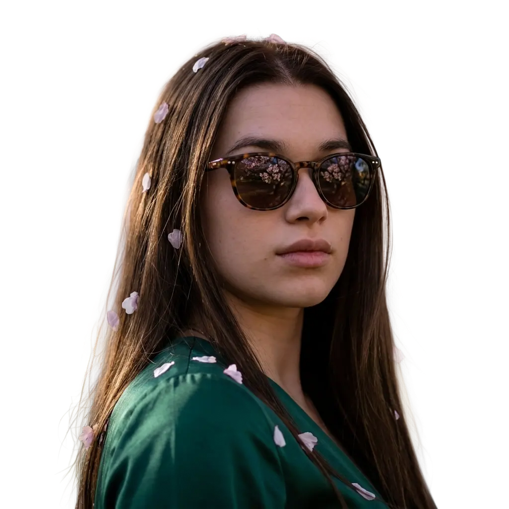 Portrait in cherry blossoms with sunglasses, background removed