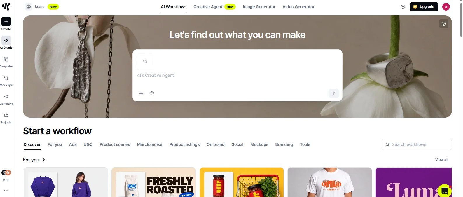 Krea’s AI Workflows page, with an Ask Creative Agent field under the headline “Let’s find out what you can make,” and a Start a workflow section with tabs for Discover, For you, Ads, UGC, Product scenes, Merchandise, Product listings, On brand, Social, Mockups, Branding, and Tools, above cards for a sweatshirt, a coffee bag, a jar, and a T-shirt.