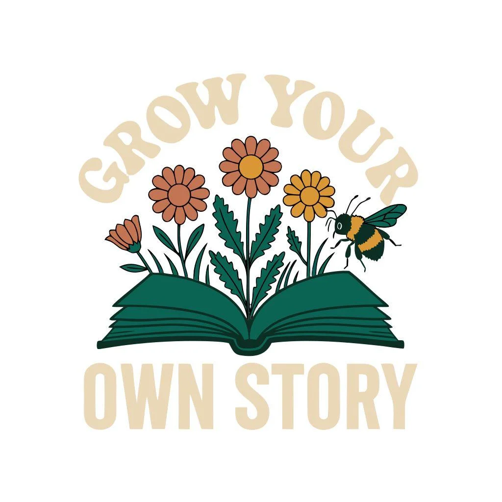 Kittl’s JPEG on a white background: a dark green open book with three flowers and a bumblebee, with GROW YOUR in curved cream lettering above and OWN STORY in cream lettering below.