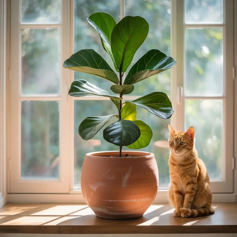 The plant with an orange cat beside it