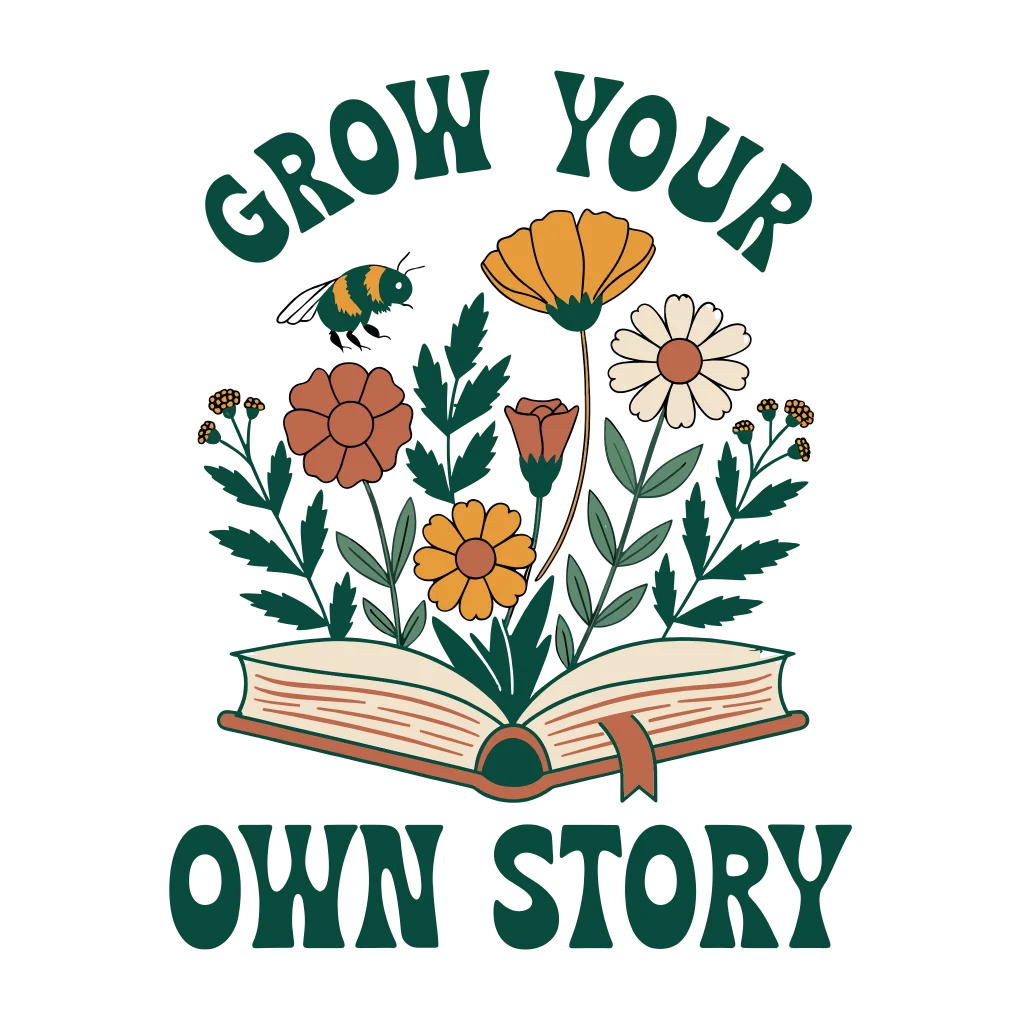 Recraft’s transparent PNG: an open book with a ribbon bookmark, wildflowers, leafy stems, and a bumblebee, with GROW YOUR in curved dark green lettering above and OWN STORY below.